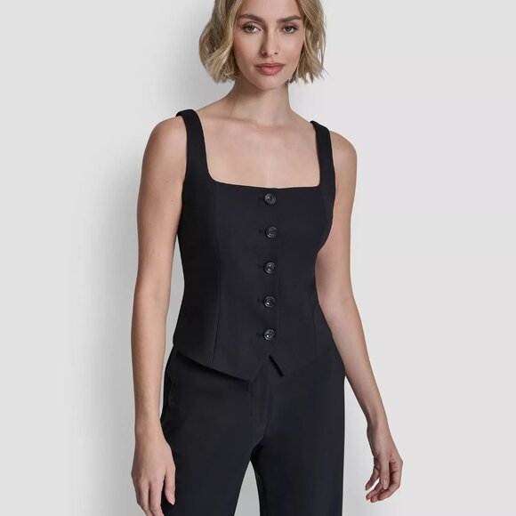 DKNY Womens Tailored Designer Sleeveless Square-Neck Vest Layering Top Black NWT - Picture 2 of 7